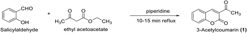 Scheme 1. Equation of reaction for the formation of 3-acetyl-coumarin, 1