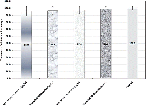 Figure 2. Cell survival percentage based on MTT assay 48 h after treatment in the presence and absence of 20 and 40 nm GNPs. Cell incubation time with GNPS was 40 min. The data represent mean ± SD of three performed experiments.