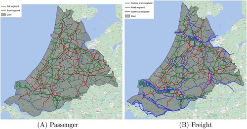 Figure 3. Transport networks and zones. (a) Passenger. (b) Freight.