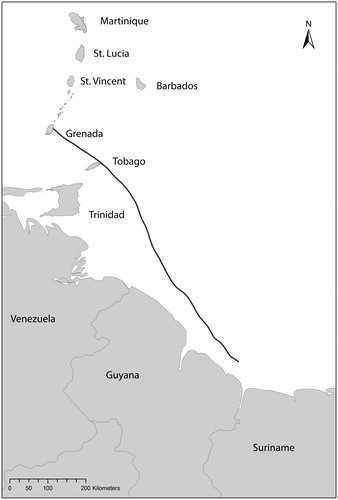 Figure 8. Route between Telescope Point, Grenada and southern Guyana in November. The path passes by the coast of Tobago (Figure by Emma Slayton, adapted from Slayton Citation2018: Figure 107).