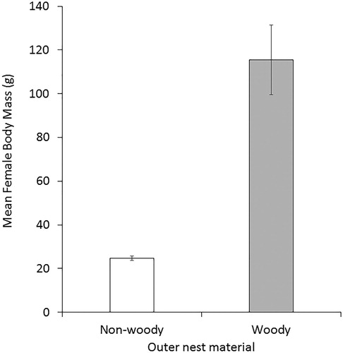 Figure 2. Mean (±se) values for female body mass (g) for species with woody materials and non-woody materials in the outer nest.