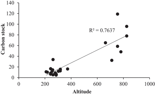 Figure 4. Regression analysis between tree carbon stock and altitude.