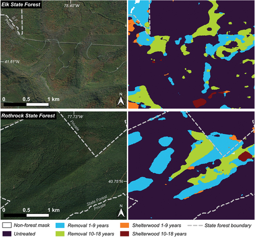Figure 6. Final classification map for two areas with exemplar forest harvests of both types and ages occurring on both sides of the private-public boundary. Comparison with airborne photography shows that many of the harvests mapped are not apparent in optical data. In other cases, harvested areas show up as areas with less shading (lighter) or more non-photosynthetic vegetation (browner) in aerial photos.