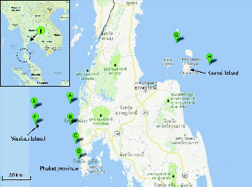 Figure 2. Map of sampling points of seawater in southern Thailand (from Google Map).