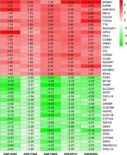 Figure 1 Log2FC heat map of the top 20 upregulated and downregulated genes of the five expression-microarray groups downloaded from the GEO data set.Notes: The differentially expressed gene (DEG) list of each expression microarray from the GEO data was integrated using R software with the RRA package. The abscissa is the GEO ID, and the ordinate is the gene name. Red represents upregulated gene expression, and green represents downregulated gene expression in hepatocellular carcinoma tissues compared with adjacent normal liver tissues. Numbers in the box represent log2FC values that resulted from the integrated analysis.Abbreviations: FC, fold change; GEO, Gene Expression Omnibus; RRA, robust rank aggregation.