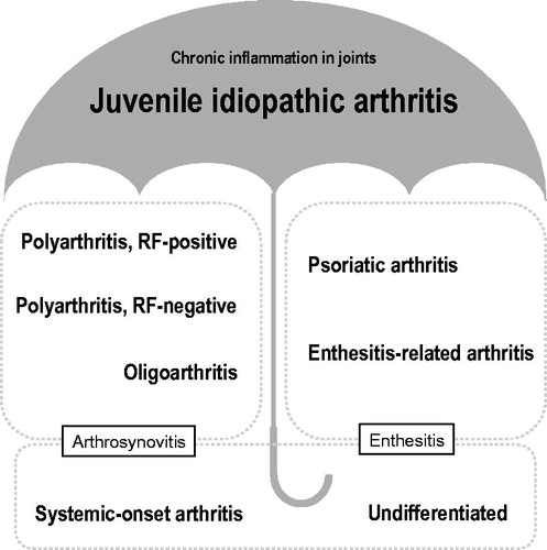 Figure 1. Juvenile idiopathic arthritis as a heterogenous disease. Juvenile idiopathic arthritis is an umbrella term of chronic arthritis of unknown etiology. It consists of seven types; systemic-onset arthritis, oligoarthritis, rheumatoid factor-negative polyarthritis, rheumatoid factor-positive polyarthritis, psoriatic arthritis, enthesitis-related arthritis and others. They are basically classified by the presence of arthrosynovitis or enthesitis. They have some common features but different characteristics in pathogenesis, genetic and epigenetic profile, clinical presentation, therapeutic response and comorbidity and prognosis.