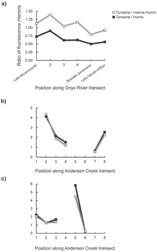 FIGURE 7. The ratio of tyrosine-like fluorescence to marine humic and humiclike fluorescence along the sampling transects at (a) Onyx River, and Andersen Creek on (b) Day 343 and (c) Day 369.