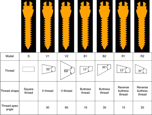 Figure 1. The seven models of different thread shapes. Model S, Square thread. Model V1, V-thread with thread apex angle 30°. Model V2, V-thread with thread apex angle 60°. Model B1, buttress thread with thread apex angle 15°. Model B2, buttress thread with thread apex angle 30°. Model R1, reverse buttress thread with thread apex angle 15°. Model R2, reverse buttress thread with thread apex angle 30°.