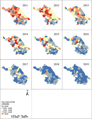 Figure 1 Spatial distribution of PTB notification rates in Jiangsu Province from 2011 to 2019.