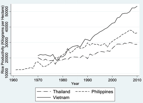 Figure 1. Trends of rice productivity in Thailand, Vietnam, and the Philippines. Source: FAO (Citation2017a, Citation2017b, Citation2017c).