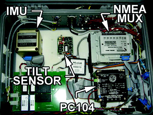 Figure 3 A picture of the portable data acquisition system used to record data during full-scale trials. This data acquisition system has several inputs and outputs in the back of the pelican box housing, and also includes an IMU, tilt sensor, compass, NMEA multiplexer, analog filtering and power board, and a PC104 stack.