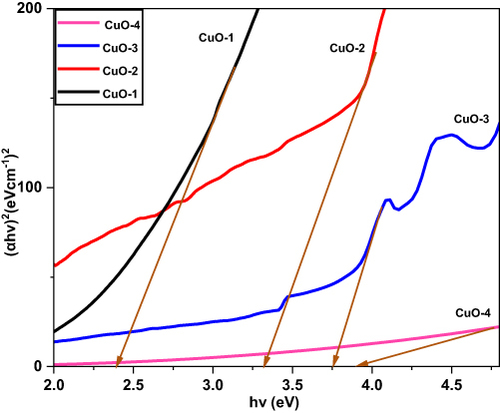 Figure 7 Tauc’s plot of the biosynthesized CuO NPs (CuO-1, CuO-2, and CuO-3) and chemically synthesized CuO NPs (CuO-4).
