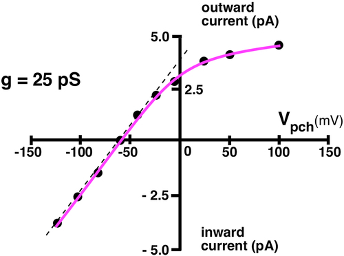 Figure 2b. The single channel current voltage relation corresponding to the cell-attached patch of Figure 2a with 10 mM pipette K (outside surface) and a presumed internal [K] of 100 mM in this 100 mM external K depolarized oocyte. Single channel inward conductance was 25 pS (dashed line) and the reversal potential was −59 mV in this recording, indicating a high K selectivity for a 10 fold K ratio across the patch.