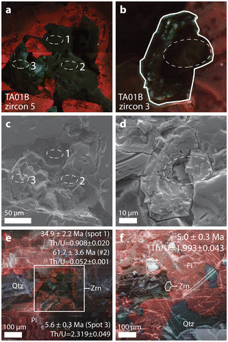 Figure 12. CL images of dated (a) zircon 5 and (b) zircon 3 in sample TA01B. Three ages were obtained from grain 5. Dashed white ovals outline the location of the ion microprobe spots. (c) and (d) are SE images of the dated zircon with the dashed ovals indicated. e and f are composite CL–SE images of the zircons in thin section. (e) Zircon is located in the white box. (f) Zircon is outlined in white.