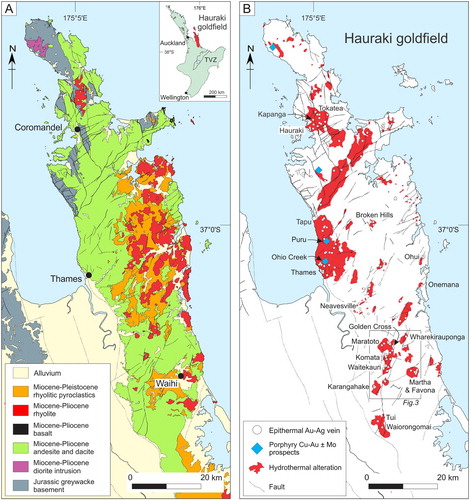 Figure 1. Simplified maps of the Hauraki goldfield showing A, the geology and fault pattern (Skinner Citation1986, Brathwaite et al. Citation1989; Edbrooke Citation2001; Christie et al. Citation2007) and B, alteration zones and epithermal centres (veins). Alteration zones have been determined from field mapping and for some by a combination of mapping and aeromagnetic interpretations (Christie at al. 2001; Stagpoole et al. Citation2001). Inset shows the location of the Hauraki goldfield and the Taupo Volcanic Zone (TVZ), North Island of New Zealand.