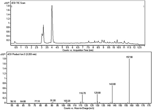 Figure 8. LC–MS/MS chromatogram of the grey/red powder and merged mass spectrum (CE: 10 and 20 eV) of AMT.