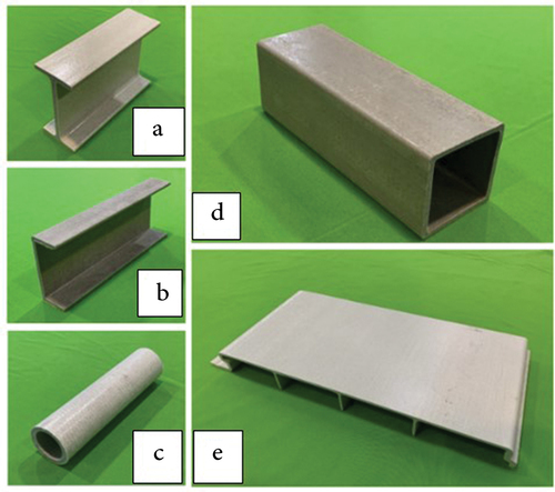 Figure 2. Pultruded components (Mahesh and Mahesh Citation2023): (a) I beam (b) C channel (c) round tube (d) square tube (e) deck (Top FRP Manufacturer and Supplier in Malaysia - Mui Fatt Marketing Sdn Bhd Citation2022).