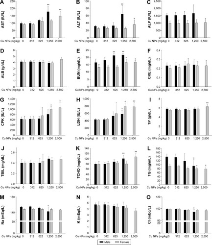 Figure 7 Serum biochemical changes of Cu NP-treated rats at dose levels of 0 mg/kg, 312 mg/kg, 625 mg/kg, 1,250 mg/kg, and 2,500 mg/kg.Notes: The bar graphs present serum biochemical changes of Cu NP (A–O)-treated male and female rats. Values are presented as mean ± SD. *P<0.05, **P<0.01 vs vehicle control.Abbreviations: ALB, albumin; ALP, alkaline phosphatase; ALT, alanine aminotransferase; AST, aspartate aminotransferase; BUN, blood urea nitrogen; CPK, creatine phosphokinase; CRE, creatinine; Cu NPs, copper nanoparticles; LDH, lactate dehydrogenase; TBIL, total bilirubin; TCHO, total cholesterol; TG, triglyceride; TP, total protein; SD, standard deviation.