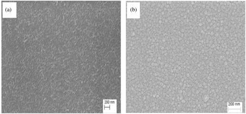 Figure 3. FESEM images of MTO thin films deposited on quartz at 12 SCCM O2 for as-deposited and (b) annealed films.