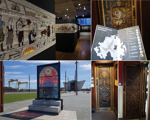 Figure 4. The material culture of GoT. ‘Game of Thrones Tapestry’ in the Ulster Museum (top left); ‘Glass of Thrones’ #6 on the Titanic Slipway (bottom left); three of the ‘Doors of Thrones’ (The Dark Horse, Belfast; ‘Owen’s Bar, Limavady; Blakes of the Hollow, Enniskillen’) and the author’s fully stamped passport (right).