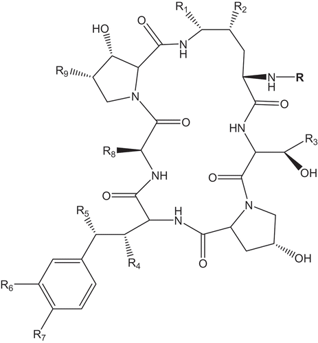 Figure 6. Structure of the echinocandins showing the common features and the radicals varying across the different molecular subtypes. Refer to Table 5 for R-group substitutions.