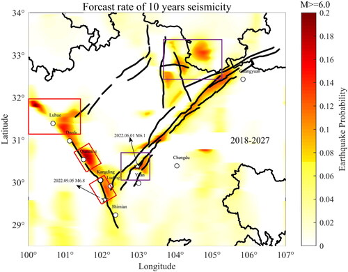 Figure 11. The spatial distribution of probability of strong earthquakes and two strong earthquakes with Magnitude over 6 in the study region in 2022.