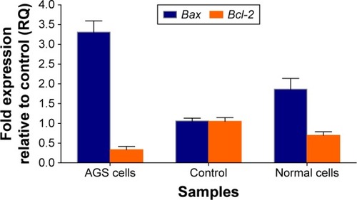 Figure 9 Effect of AgNPs on Bax and Bcl-2 expression in AGS and HEK293 cell lines.Abbreviations: AgNPs, silver nanoparticles; RQ, relative quantitative.