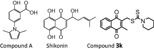 Figure 1. Structures of compound 3, shikonin and compound 3k.