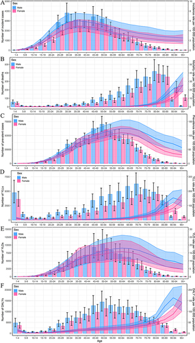 Figure 3 The national numbers and age-standardized rates of incidence (A), deaths (B), prevalence (C), YLLs (D), YLDs (E), and DALYs (F) of IBD by age and gender in 2019.