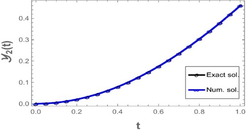 Figure 2. Comparing the numerical solution of Y2(t) to test problem 1 with the exact solution.