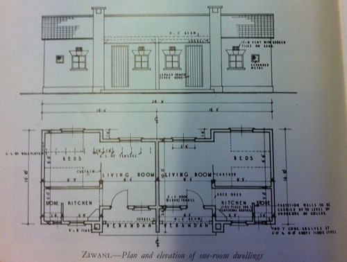 Figure 5. Plan and elevation of one-room dwelling, Ziwani, 1939, G. Fletcher. Source: G.W. Ogilvie, The Housing of Africans in the urban areas of Kenya. The Kenya Information Office: Nairobi. 1946. 30.