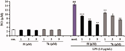 Figure 13. Effects of compounds 5f and 7k on NO release in BV-2 cells and LPS-stimulated BV-2 cells. Data were expressed as mean ± SD through three independent experiments. con. = control; mod. = model. ##p < 0.01 vs control; ***p < 0.01, **p < 0.01, *p < 0.05 vs LPS-induced group.