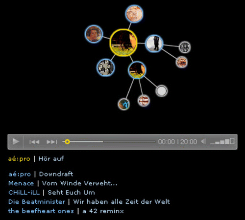 Figure 1. Soundpark web player showing recommendations as a visualisation of the underlying knn graph and as a text list.