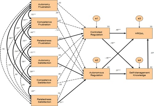 Figure 2. Path Analysis Model of Associations between SDT Constructs, HRQoL, and Self-Management Knowledge. Note: Coefficients presented are standardised linear regression coefficients. Non-statistically significant pathways are denoted with dashed lines. *p < 0.05, **p < 0.01, ***p < 0.001.