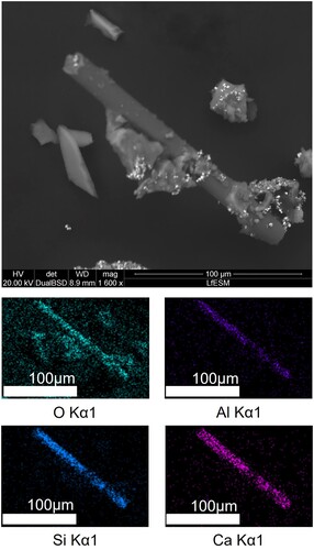 Figure 10. SEM-image in BSE-mode of oxide inclusions found on the filter after chemical extraction of specimen E1 (duration: 2 hours in 15-minute sequences) with corresponding EDS-elemental mappings.