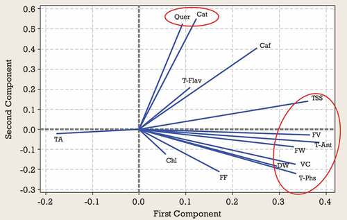 Figure 3. Loading plot of studied traits at the second harvest time according to the first two PCAs.