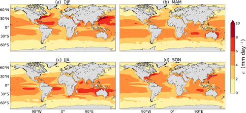 Figure 8. Climatological seasonal mean ERA-Interim evaporation 1980–2014 for (a) DJF, (b) MAM, (c) JJA and (d) SON.