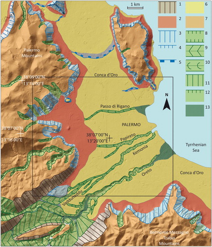 Figure 2. Geomorphological map of the original landforms due to natural processes of the Palermo area. Inset shows the mapped area. 1. Fault-line scarp; 2. Alluvial fan, colluvial talus, and scree slope; 3. Degraded and abandoned coastal cliff controlled by fault: >10 m high; 4. Degraded and abandoned coastal cliff: >10 m high; 5. Abandoned coastal cliff: <10 m high; 6. Coastal terrace surface; 7. Karstified low-relief surface in carbonate rock; 8. Fluvio-karstic and fluvial canyon; 9. V-shaped valley mainly on clay rock; 10. Trough-shaped valley; 11. Degraded fluvial erosion scarp: <35° inclined; 12. Fluvial erosion scarp: >45° inclined; 13. Alluvial plain.