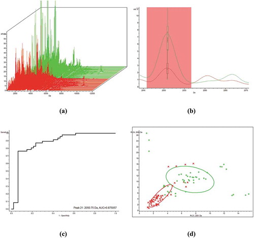 Figure 2. TN (red color) against control (green color). (a) Spectra view of TN against control. (b) Spectra view of peptide peak 21 at the mass 2050. (c) ROC curve of peak 21 with m/z 2050 and AUC = 0.875. (d) 2D distribution of peaks (24, 21) with m/z (2688 and 2051 Da).