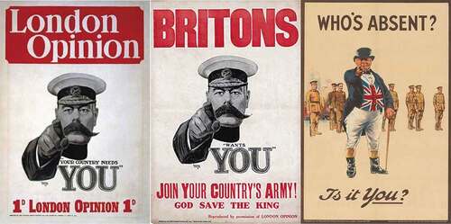 Figure 1. Alfred Leete, “London opinion. You Country Needs You”, 1914; Alfred Leete “Britons. [Kitchener] Wants You. Join Your Country’s Army”, 1914; author unknown, “Who;s Absent? Is It You?” 195.Source 1: Bownes, Fleming, 2014: 36Source 2: Slocombe, Slocombe 2014: 5.Source 3: Bownes, Fleming, 2014: 124.