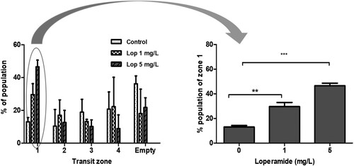 Figure 2. Delayed intestinal transit with loperamide treatment. Eight dpf zebrafish larvae were fed with a fluorescent tracer then treated with loperamide (1, 5 mg/L) for two hours. The intestinal transit zones of zebrafish larvae were analyzed two hours after loperamide exposure. The data represent population percentages. **P < 0.01 and ***P < 0.001 compared to the control.