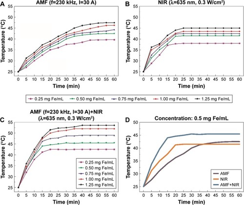 Figure 5 Heat generation by Fe3O4@Au-C225 MNPs in suspension (0.25–1.25 mg Fe/mL).Notes: (A) AMF (f=230 kHz, I=30 A), (B) NIR (λ=635 nm, 0.3 W/cm2), and (C) AMF (f=230 kHz, I=30 A) combined with NIR (λ=635 nm, 0.3 W/cm2). (D) Temporal response curves for concentration of 0.5 mg Fe/mL.Abbreviations: AMF, alternating magnetic field; MNPs, magnetic nanoparticles; C225, cetuximab; NIR, near-infrared hyperthermia.