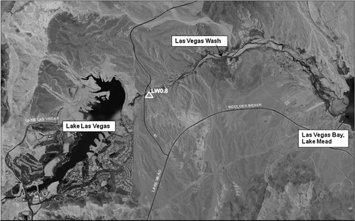 Figure 2 Aerial view of the Las Vegas Wash downstream of Lake Las Vegas as it flows into the Las Vegas Bay of Lake Mead.