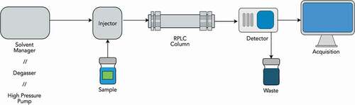 Figure 20. Scheme of an RPLC chromatography. A liquid solution of the species to be analyzed is inserted, together with the eluent, in the RPLC column, which contains the stationary phase responsible for the differential retention of the various analytes. The typical output of an RPLC chromatography is a chromatogram showing the traces, peaks, obtained by the detector (e.g. a mass spectrometer) for various analytes. The area underneath these peaks is proportional to the concentration of the corresponding analyte in the original solution. The analyte is characterized by a specific retention time, the time from the beginning of the measurement at which the peak appears. In ideal conditions, RPLC should produce well-separated peaks in the chromatogram, resulting from a good separation of the various analytes.