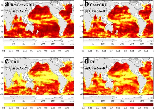 Figure 8. Spatial distribution of the R2 of the ResConvGRU, ConvGRU, GRU, and RF models (a–d). The computation is based on the average of five-time estimation and Argo MLD from 2017 to 2019.