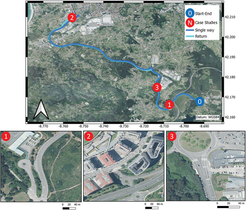 Figure 1. Survey map. Start and back path for MLS-single head and MLS-dual head. Zoomed images in case studies measured with Faro (TLS) and Trimble GNSS for the corresponding comparisons. 1) case study 1: road environment, 2) urban environment, and 3) case study 3: semi-urban environment.