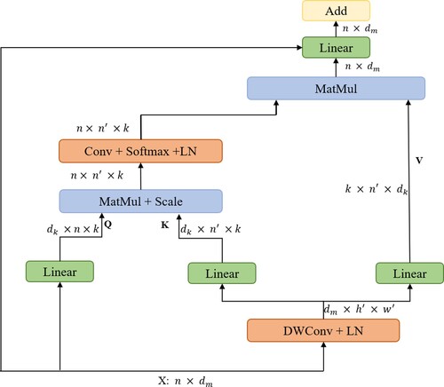 Figure 4. Efficient Multi-Head Self-Attention. The 2D input token x∈Rn×dm is reshaped to 3D one long the spatial dimension. Then, Q is obtained through a linear layer. K and V are obtained through a depth-wise convolution operation and a linear layer.