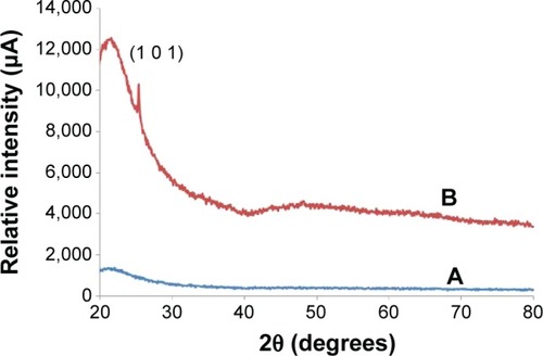 Figure 1 X-ray diffraction patterns of TiO2 layers on quartz substrate.Notes: (A) As grown and (B) annealed at 500°C.