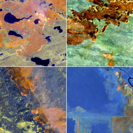 Figure 1. Illustrative top of atmosphere Landsat-8 reflectance (2.20, 1.61, and 0.87 μm shown as red, green, and blue, respectively) for 300 × 300 thirty-meter pixel subsets of 4 images (Table 1). Top left: Canada Northwest Territories (centered on 61.7685°N, 116.5606°W), top right: Southern Africa (centered on 17.44758°S, 21.6709°E); Bottom left: US California (centered on 40.5942°N, 123.5545°W), bottom right: Indonesia Kalimantan (centered on 2.2122°S, 114.3541°E). Figures appear in color in the online version.