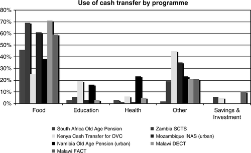 Figure 2.  Use of unconditional cash transfers, by type of spending and programme. Sources: Acacia Consultants (2007); Devereux (2002); Devereux et al. (2007); Devereux, Mvula, & Solomon (2006); MCDSS/GTZ (2006); Moller and Ferreira (Citation2003). Note: In the case of Zambia SCTS the figure represents the proportion of overall spending by beneficiaries on health. In the case of Malawi DECT, these spending numbers refer to three months of the five-month programme period January–March 2007.